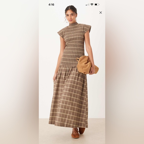 ASOS Dresses & Skirts - ASOS High Neck Drop Waist Brown Plaid Maxi Dress
